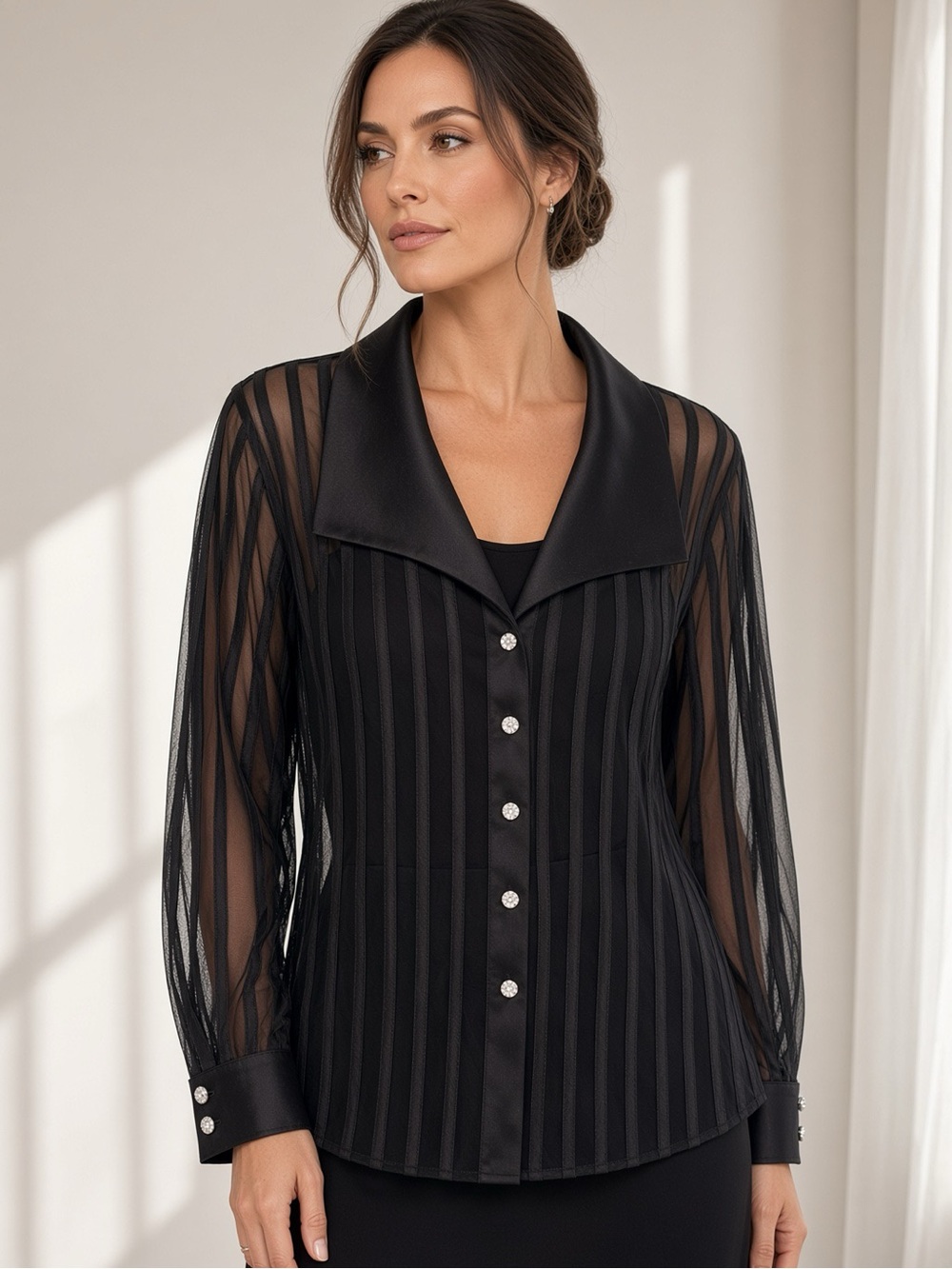 JS Collections vintage Black Sheer Stripe Button-Down Blouse